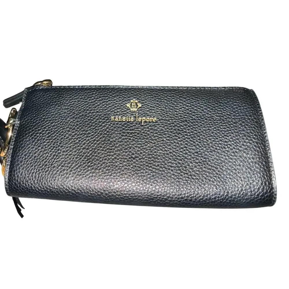 Nanette Lepore Black Pebbled Faux Leather Wristlet Wallet Clutch Gold Tone